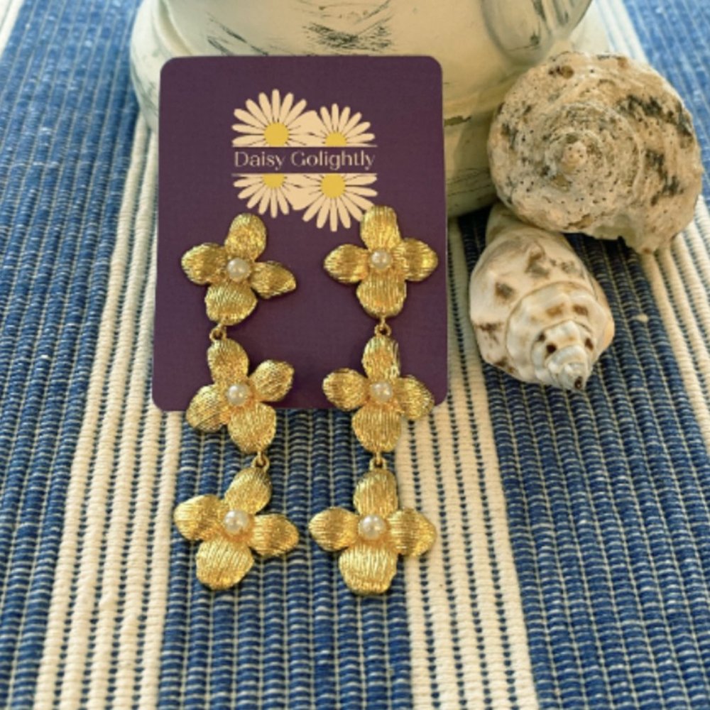 KARA Triple Dogwood Flower CLIP Statement Earrings